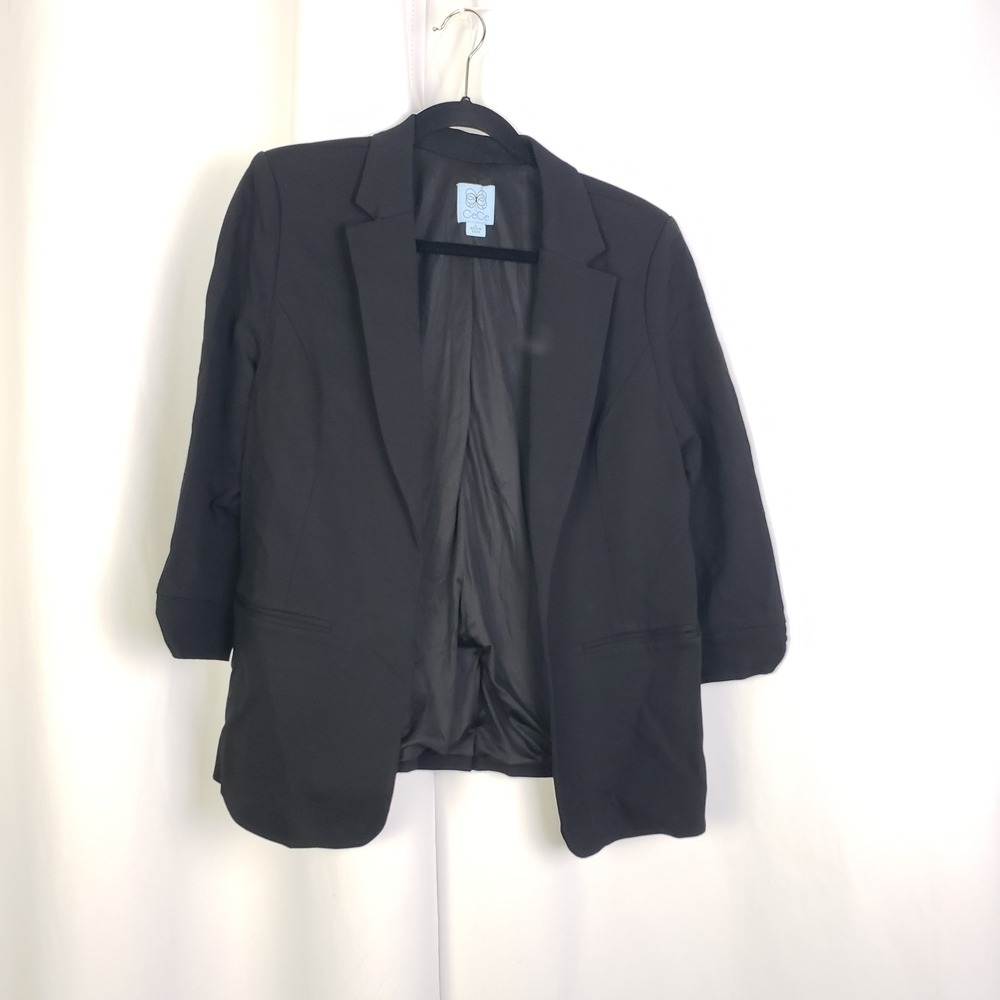 CeCe Womens Rich Black 3/4 Sleeve Bow Cuff Open Front Blazer Jacket Size L